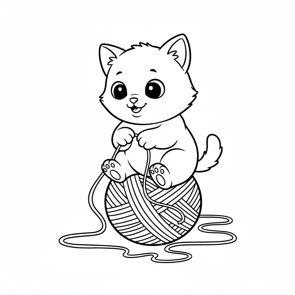 Verspieltes Kätzchen mit Wollknäuel Ausmalbild: Kostenlose Malvorlage für Kinder