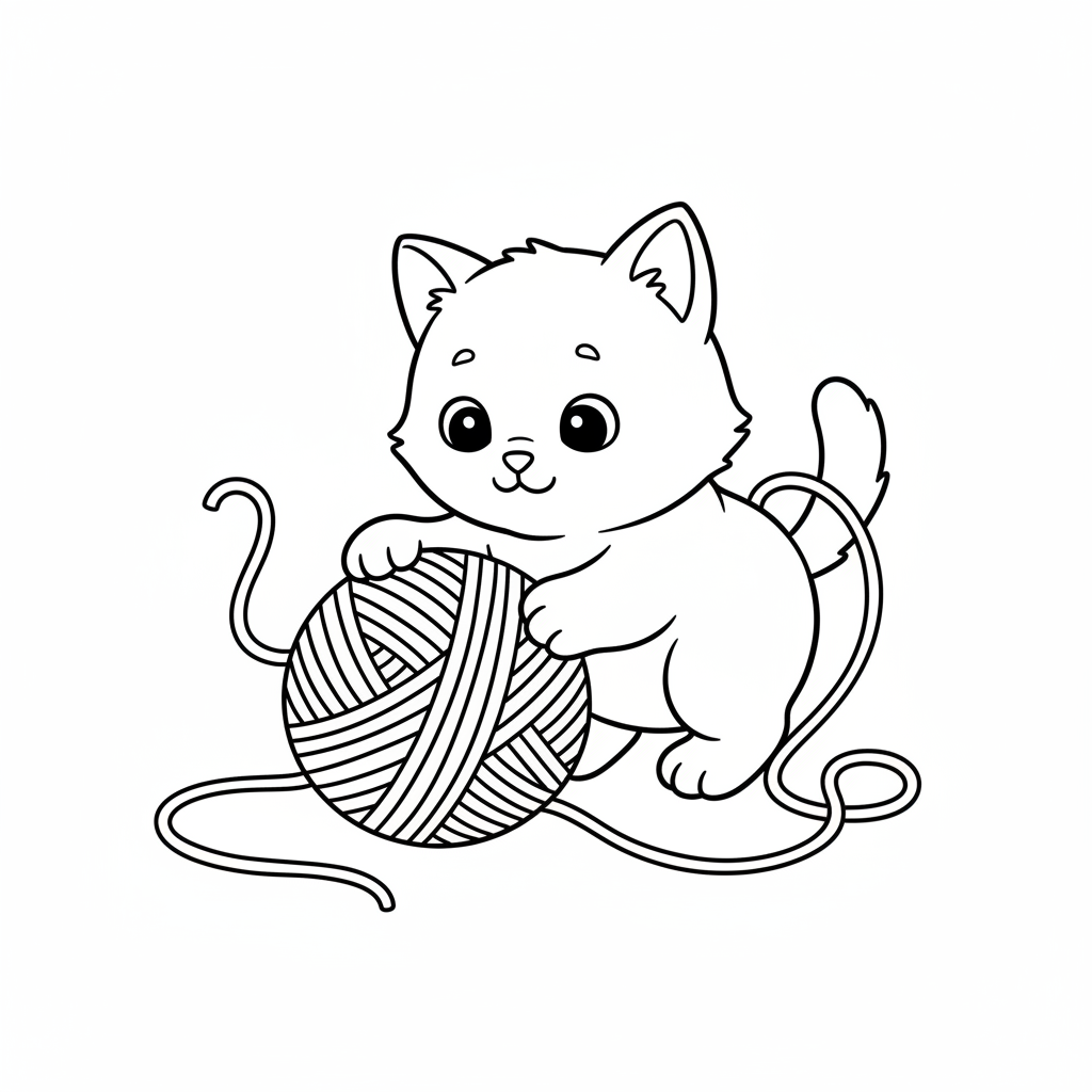 Verspieltes Kätzchen mit Wollknäuel Ausmalbild: Kostenlos zum Ausdrucken