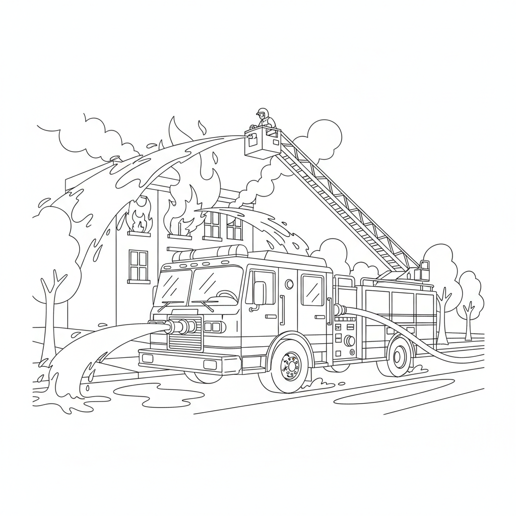 Feuerwehrauto Ausmalbild: Großes rotes Feuerwehrauto im Einsatz – Kostenlos zum Ausdrucken!