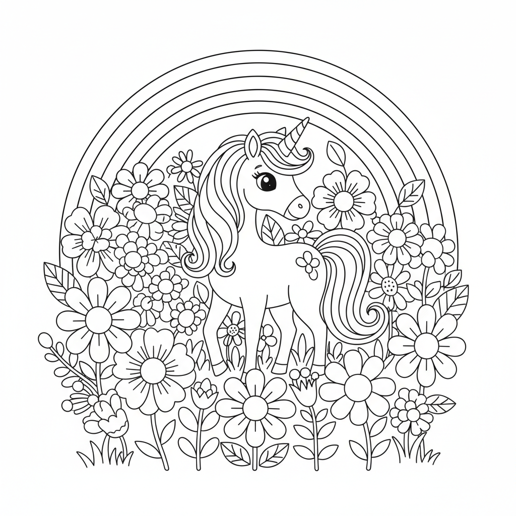 Einhorn auf Blumenwiese mit Regenbogen Ausmalbild: Magische Malvorlagen für Kinder