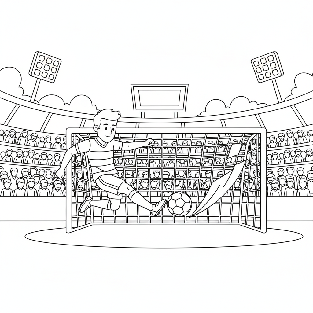 Fußballfieber: Ausmalbild ‚Fußballspieler schießt Tor‘ – Kostenlose Malvorlage für Kinder!