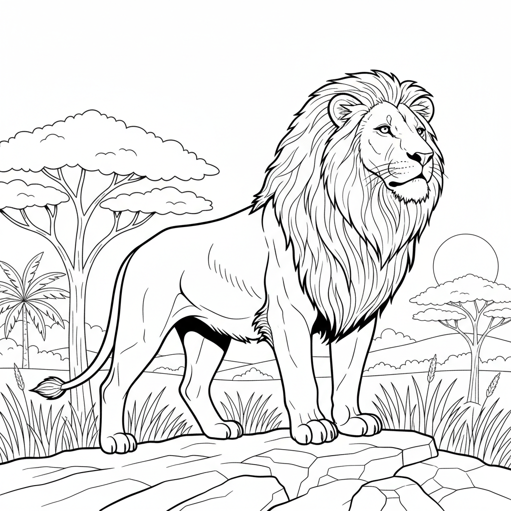 Ausmalbild Löwe: Ein stolzer König der Savanne zum Ausdrucken