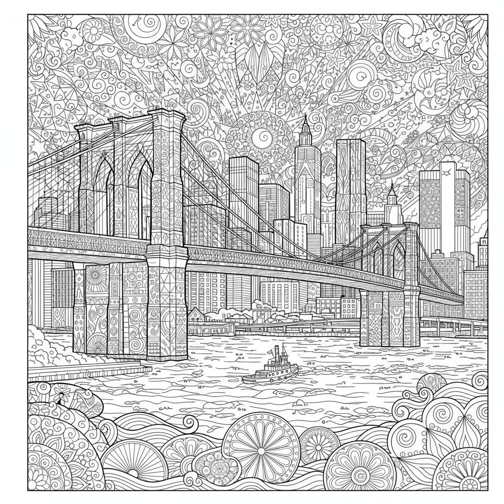 Brooklyn Bridge Mandala: Ausmalbild für kleine Architekten und Künstler