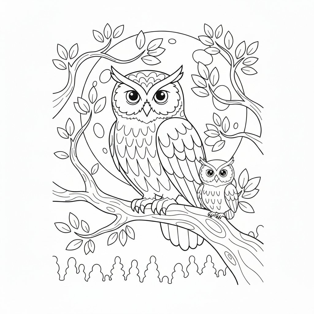 Weise Eule auf Ast: Kostenlose Ausmalbilder für Kinder