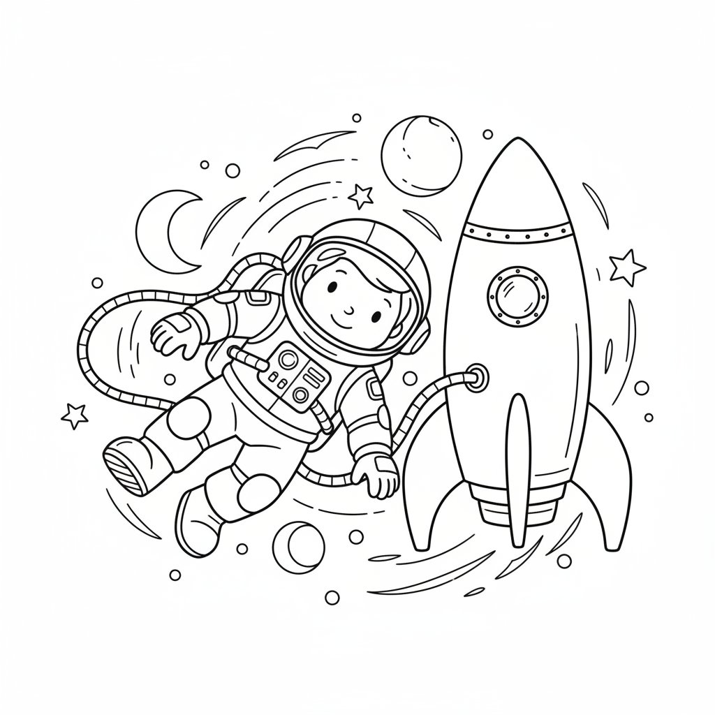 Kleiner Astronaut auf großer Weltraumreise: Ausmalbilder für Kinder