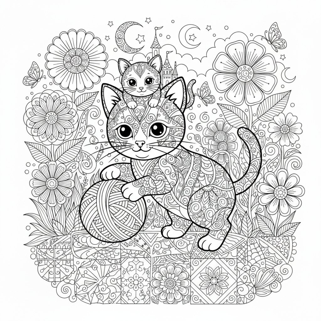 Verspielte Katzen in magischer Blumenwelt: Ausmalbilder für kleine Künstler